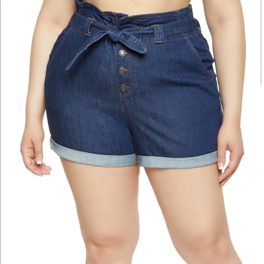 Plus Size Paper Bag Waist Denim Shorts - Dark Wash